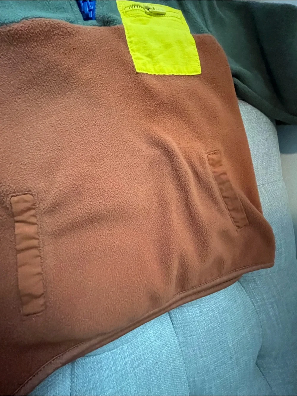 Old Navy Colorblock Zip-Up Fleece in Olive, Rust & Blue with Yellow Pocket